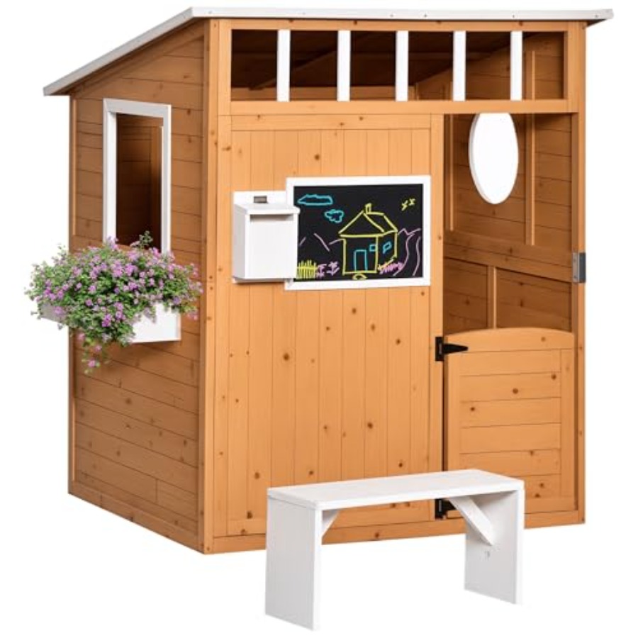 Kids Outdoor Bench - 야외용 어린이 목재 놀이집 (작동하는 문,