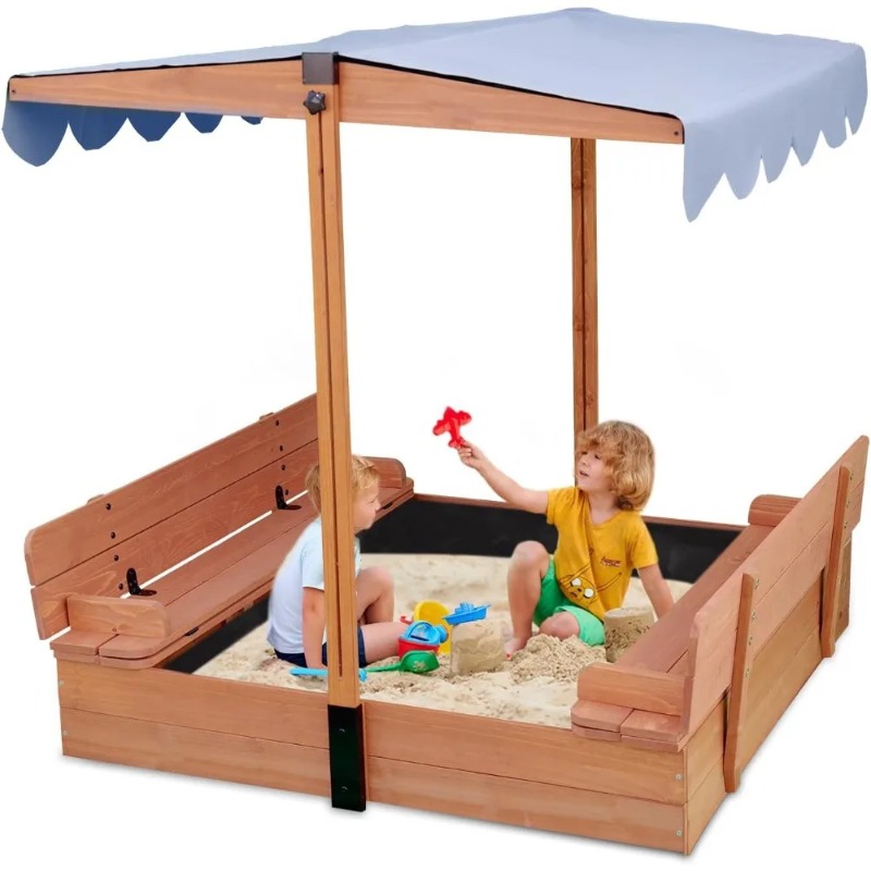 Kids Outdoor Bench - 나무로 만든 어린이 모래놀이터, 캐노피 커버,